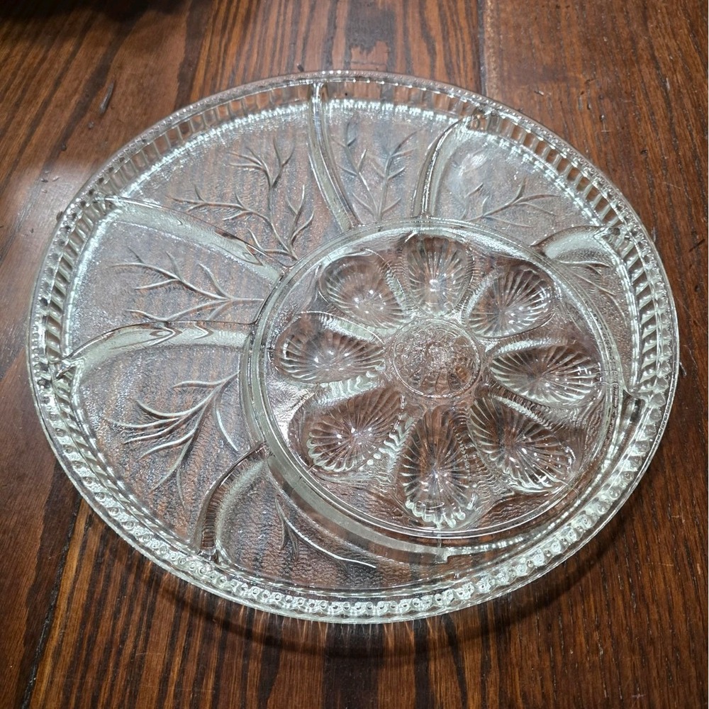 Vintage 70s Clear Pressed Glass Deviled Egg Relish Tray Tree of Life Pattern 11"